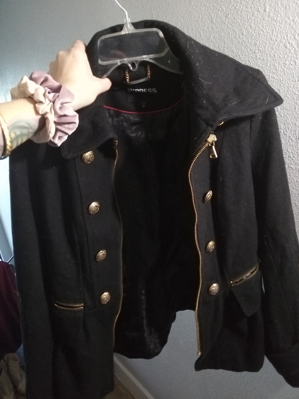 Express Black Military-Style Pea Coat with Gold Accents